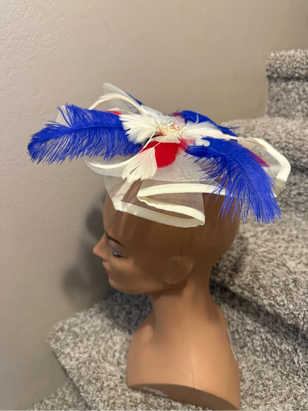 White Fascinator Headpiece with Red & Blue Feather Accents